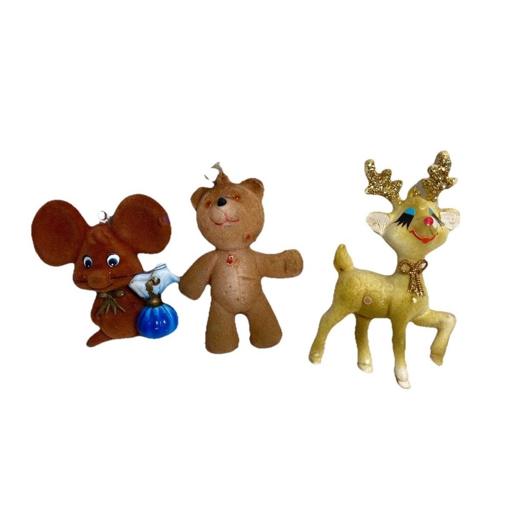 Vintage Christmas Ornament Lot 5 Flocked Plastic Santa Elf Deer Bear Blow Mold